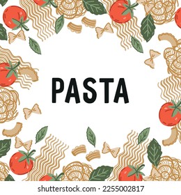 Banner cuadrado o etiqueta con pasta italiana, espagueti y tomate, vector plano a mano Ilustración sobre fondo blanco. Diseño de fondo para la cocina italiana y pastas envasadas.