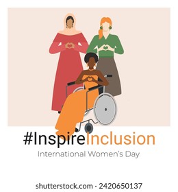 Square banner with a light pink background for IWD2024 for a campaign to inspire inclusion. 3 women of different nationalities, a woman in a wheelchair hands gesture as heart shape, flat vector.