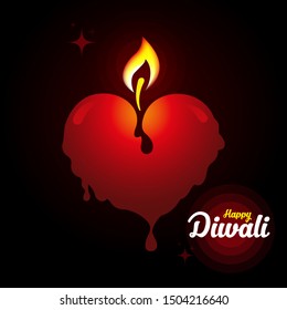 square banner of a lit candle in the shape of a red heart melts beautifully. Concept on the theme of the traditional celebration of Happy Diwali 