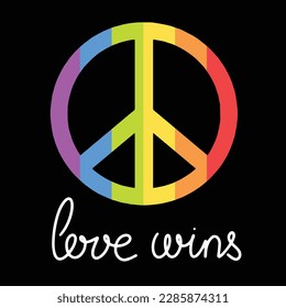 Square banner, love wins. Pacifist sign with rainbow. Vector illustration. Conception LGBT