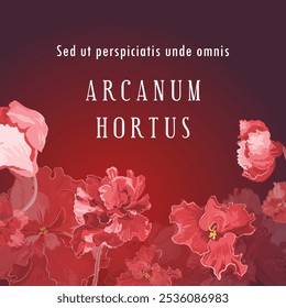 Uma faixa quadrada com exuberantes violetas africanas desenhadas à mão é colocada no centro. O texto em latim fictício traduz o título como The Secret Garden. O cartaz, o banner e a etiqueta também apresentam flores exuberantes.