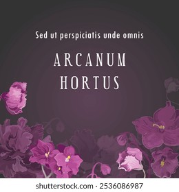 Uma faixa quadrada com exuberantes violetas africanas desenhadas à mão é colocada no centro. O texto em latim fictício traduz o título como The Secret Garden. O cartaz, o banner e a etiqueta também apresentam flores exuberantes.