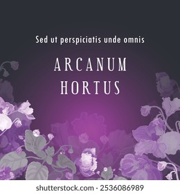 Uma faixa quadrada com exuberantes violetas africanas desenhadas à mão é colocada no centro. O texto em latim fictício traduz o título como The Secret Garden. O cartaz, o banner e a etiqueta também apresentam flores exuberantes.