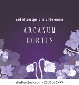 Uma faixa quadrada com exuberantes violetas africanas desenhadas à mão é colocada no centro. O texto em latim fictício traduz o título como The Secret Garden. O cartaz, o banner e a etiqueta também apresentam flores exuberantes.