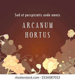 Uma faixa quadrada com exuberantes violetas africanas desenhadas à mão é colocada no centro. O texto em latim fictício traduz o título como The Secret Garden. O cartaz, o banner e a etiqueta também apresentam flores exuberantes.