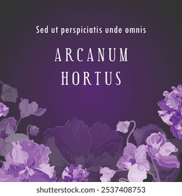 Uma faixa quadrada com exuberantes violetas africanas desenhadas à mão é colocada no centro. O texto em latim fictício traduz o título como The Secret Garden. O cartaz, o banner e a etiqueta também apresentam flores exuberantes.