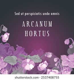 A square banner with lush hand-drawn African violets is placed in the center. Dummy Latin text translates the title as The Secret Garden. The poster, banner, and label also feature exuberant flowers.