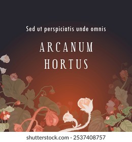 Uma faixa quadrada com exuberantes violetas africanas desenhadas à mão é colocada no centro. O texto em latim fictício traduz o título como The Secret Garden. O cartaz, o banner e a etiqueta também apresentam flores exuberantes.