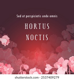 Uma faixa quadrada com exuberantes violetas africanas desenhadas à mão é colocada no centro. O texto em latim fictício traduz o título como The Night Garden. O cartaz, o banner e a etiqueta também apresentam flores exuberantes.