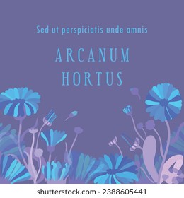 Square banner with lush hand-drawn herbal plants. Dummy Latin text is placed in the center. Flowers are laid out in a slightly arched-down direction. Poster, banner, and label with exuberant flowers.