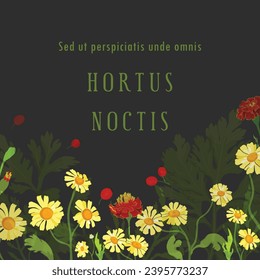 Square banner with lush hand-drawn herbal plants. Dummy Latin text is placed in the center. Flowers are laid out in a slightly arched-down direction. Poster, banner, and label with exuberant flowers.