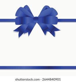 Square banner with a lush satin blue bow and ribbon on a white background. Vector illustration.