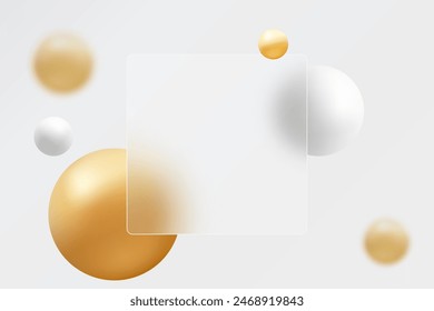 Square banner made of clear glass with 3D gold and white spheres. Realistic glass morphism shape.