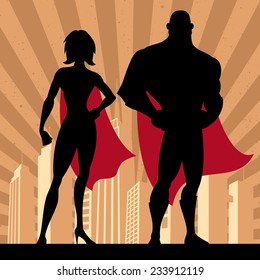 Square banner of male and female superheroes. No transparency and gradients used. 