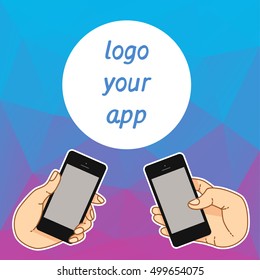Square banner with mobile devices. Touchscreen mobile phone in hand. Vector minimal abstract background for banner