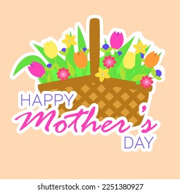 Square banner for mother day. Happy Mother's Day card with spring flowers from basket. Vector illustraiton.