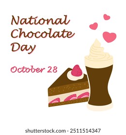 Square banner for National Chocolate Day with hot chocolate and slice of cake. Vector hand drawn illustration in flat style. Template for background, banner, card or poster for social media