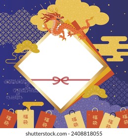 Square banner of the New Year holidays sale of the Year of the Dragon and Japanese letter. Translation : "Lucky Bag"