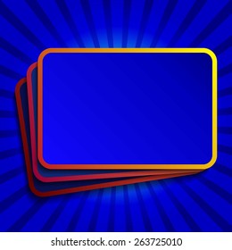 Square banner on burst background. Vector illustration. 