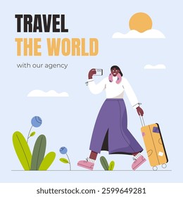 A square banner on travel and tourism. Woman with suitcase takes pictures on the phone. Flat vector illustration.