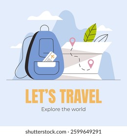 A square banner on travel and tourism. Backpack and map against the background of mountains. Flat vector illustration.