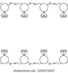 Banner cuadrado con anillos de una línea y diamante. joyería de línea continua con espacio de copia. Sencillo anillo de contorno negro sobre fondo blanco. Ilustración vectorial. 