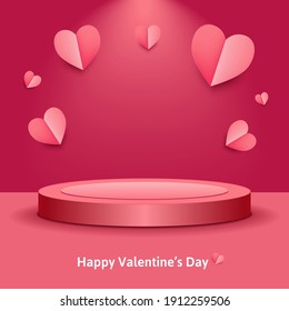 Square banner with pink paper cut hearts and podium. Text Happy St. Valentine's Day. Saint Valentine day sale advertising or product template with love symbols. Heart set with product scene, stage. 