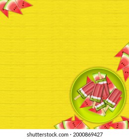 Square banner with popsicles on green plate and pieces watermelons. Fruit ice cream from watermelon. Fruit popsicle. Summer dessert. Watermelon day. Vector illustration on yellow wooden background.