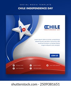 Projeto de poste de banner quadrado com azul e vermelho acenando no fundo branco. Dia da Independência do Chile. Também bom modelo para o dia nacional do chile