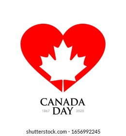 Square banner, postcard Canada Day. Red heart and white maple leaf, a symbol of Canada 