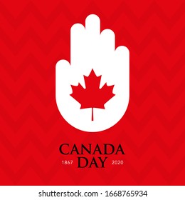 Square banner, postcard Canada Day. Red maple leaf, symbol of Canada on a white hand 