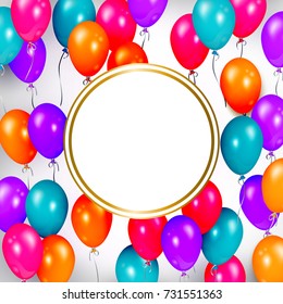 Square banner, poster design with shiny balloons and empty round space for text, realistic vector illustration. Square party banner, poster design with shiny balloons tied and round space for text