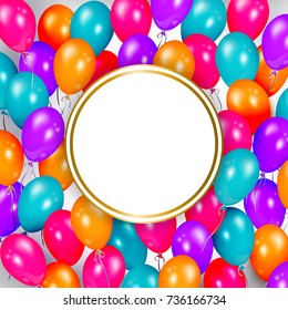 Square banner, poster design with shiny balloons and empty round space for text, realistic vector illustration. Square party banner, poster design with shiny balloons tied and round space for text
