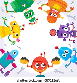 Square banner, poster with funny cartoon robot characters, round place for text, vector illustration on white background. Banner, poster, postcard template with funny colorful cartoon robot characters