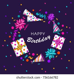 Square banner, poster, greeting card frame - birthday party object with empty round space for text, vector illustration isolated on purple background. Birthday greeting card