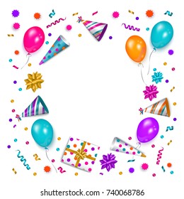 Square banner, poster, greeting card frame - birthday party object with empty round space for text, vector illustration isolated on white background. Birthday greeting card, banner with space for text