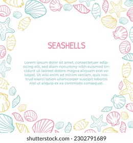 Cartel cuadrado o afiche con conchas de conchas hechas a mano, barnacles en el círculo. Dibujo redondo de ilustración vectorial, banner o diseño de folletos para cafés de pescado y mercado de mariscos.
