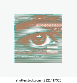 A square banner or poster with a human eye and eyebrow in close-up, made of colored stripes and numbers on a light background. Abstract vector illustration in a modern style. Digital eye recognition