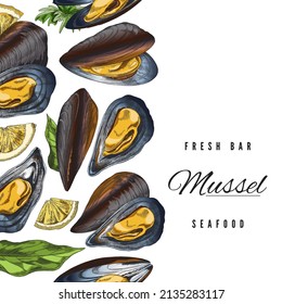 Square banner or poster, restaurant menu cover with fresh mussels, hand drawn sketch vector illustration. banner or leaflet layout for fish restaurant and seafood market.