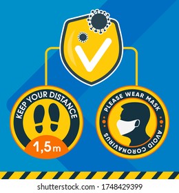 Square banner printable and social media. Round sticker Keep your distance 1,5 meters, and please wear a mask. For your safety and ours. Avoid coronavirus.