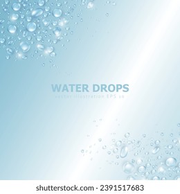 Square banner with pure water drops or dew pattern as frame. Soft blue blank wallpaper with realistic 3d  rain droplets or condensation on surface. Aqua fresh banner with collagen or water texture