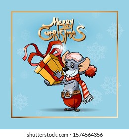 Square banner with rat and gift box on blue background. Classic handmate vector illustration. Merry Christmas golden text. Holiday poster, Happy New Year Gift card.