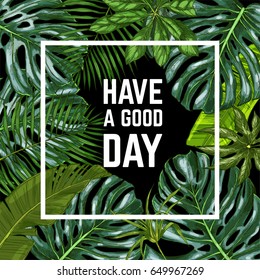 Square banner with realistic tropical leaves on black background