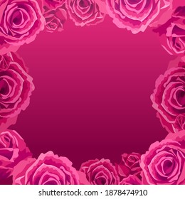 Square banner with roses. Vector illustration, background, poster for Valentine s day, cards with red buds. Frame pink flowers roses, concept of decoration for Happy Valentines day. Red background