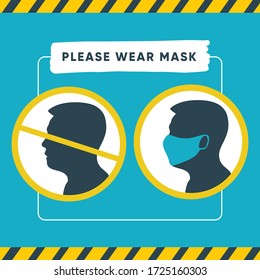 Square banner with round stickers. With the inscription “Please wear mask”. Use for printing, against the pandemic in public places.
