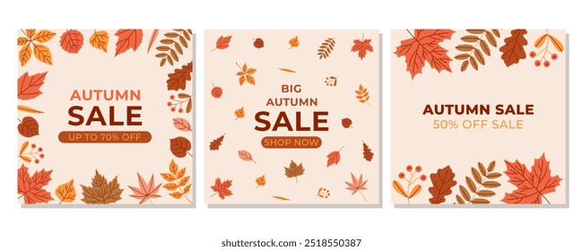 Square banner set for autumn sale with colorful foliage. Vector template for fall seasonal discounts in stores, backdrop, poster, invitation, brochure, leaflet, social media post, web ads, postcard.