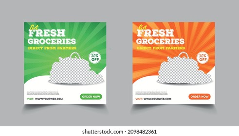 banner cuadrado para la tienda de comestibles y supermercados con publicidad de venta, cesta de bolsos de compra para productos de comidas, comida fresca en el gráfico lineal con descuento porcentual (ilustración de vector colorido