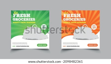 square banner set for the grocery store and supermarkets with sale advertising, shopping bag-basket for meal goods, fresh food in the linear graphic with percentage discount (colorful vector illustrat