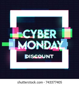 Square banner, sign, label with cyber monday inscription in distorted glitch style on black background. Design element for event advertising, branding, shares, promotion. Vector illustration.