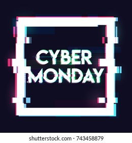 Square banner, sign, label with cyber monday inscription in distorted glitch style on black background. Design element for event advertising, branding, shares, promotion. Vector illustration.